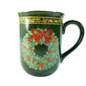 Otagiri Christmas Wreath Cup Mug Japan Holiday Tea Coffee Gold Trim Collectible